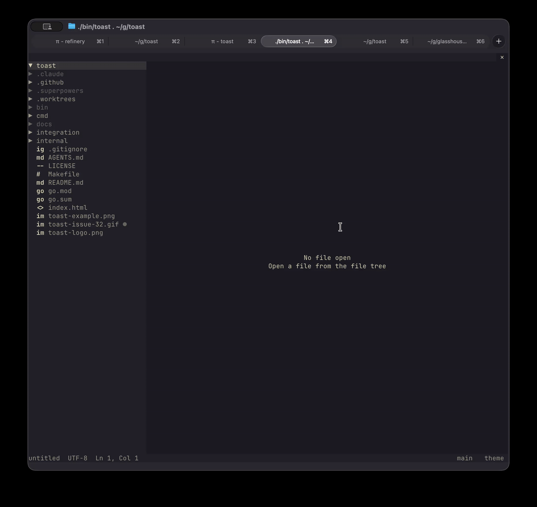 Screen recording of toast, the terminal IDE: file tree, tabs, syntax highlighting, and markdown preview
